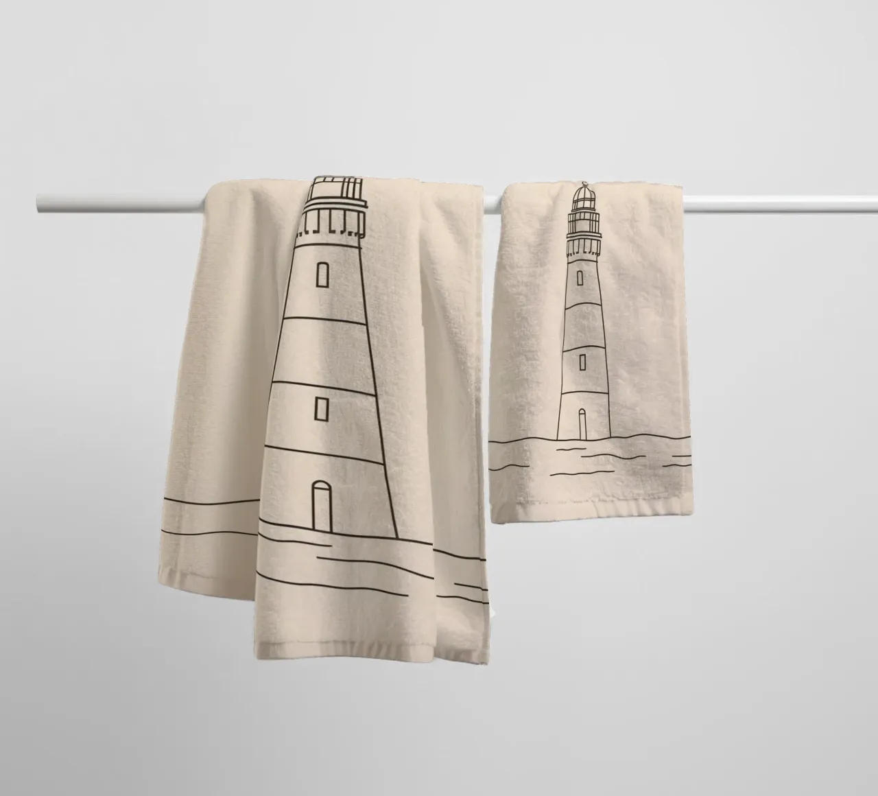 Lighthouse standing tall above gentle waves with a clear sky towel by DesignDoodle