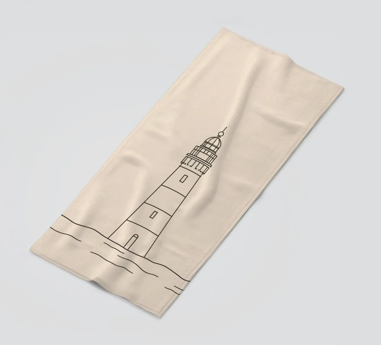 Lighthouse standing tall above gentle waves with a clear sky beach towel by DesignDoodle