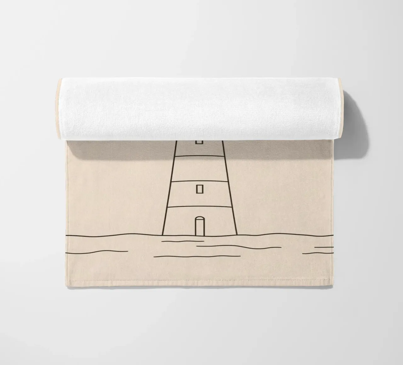 Lighthouse standing tall above gentle waves with a clear sky beach towel by DesignDoodle