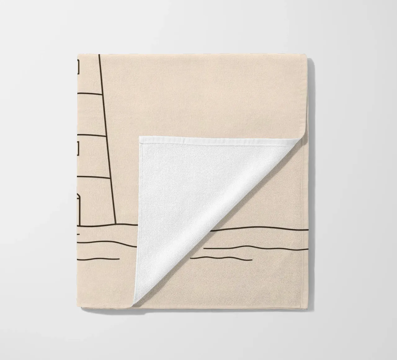 Lighthouse standing tall above gentle waves with a clear sky beach towel by DesignDoodle