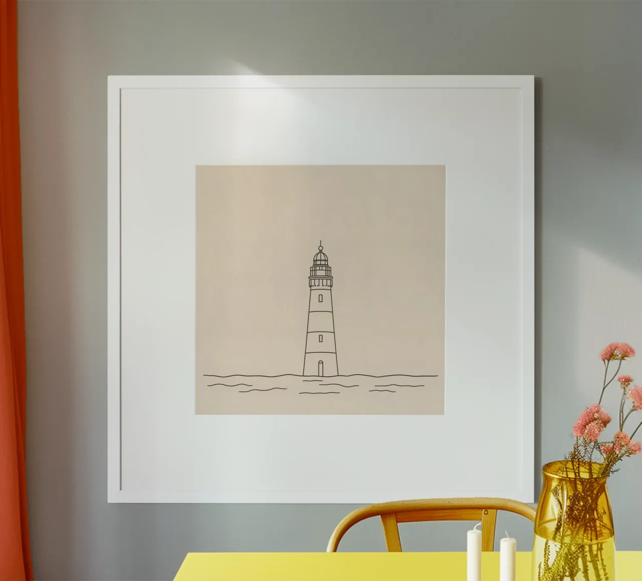 Lighthouse standing tall above gentle waves with a clear sky hahnemühle by DesignDoodle
