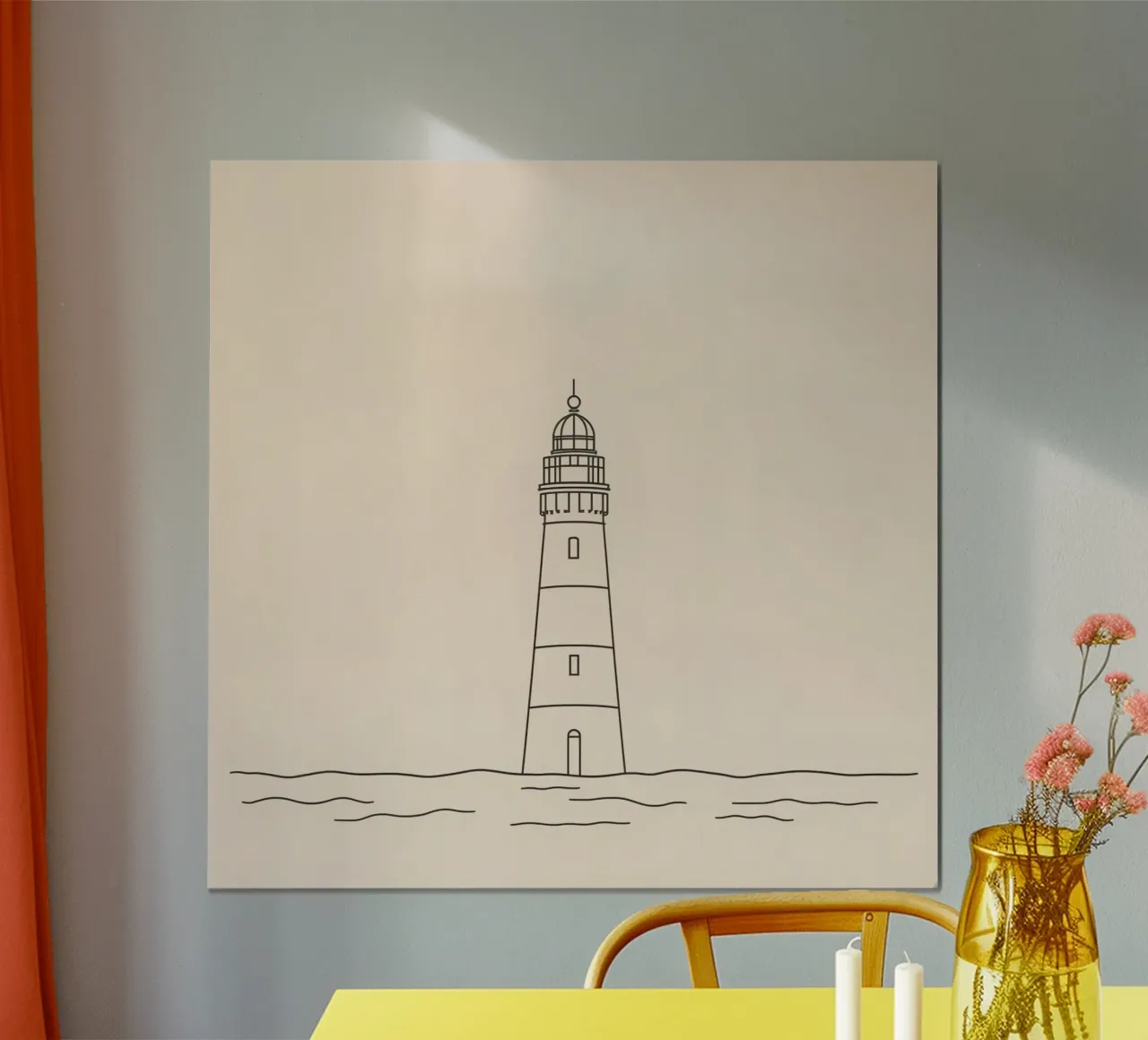 Lighthouse standing tall above gentle waves with a clear sky hahnemühle by DesignDoodle
