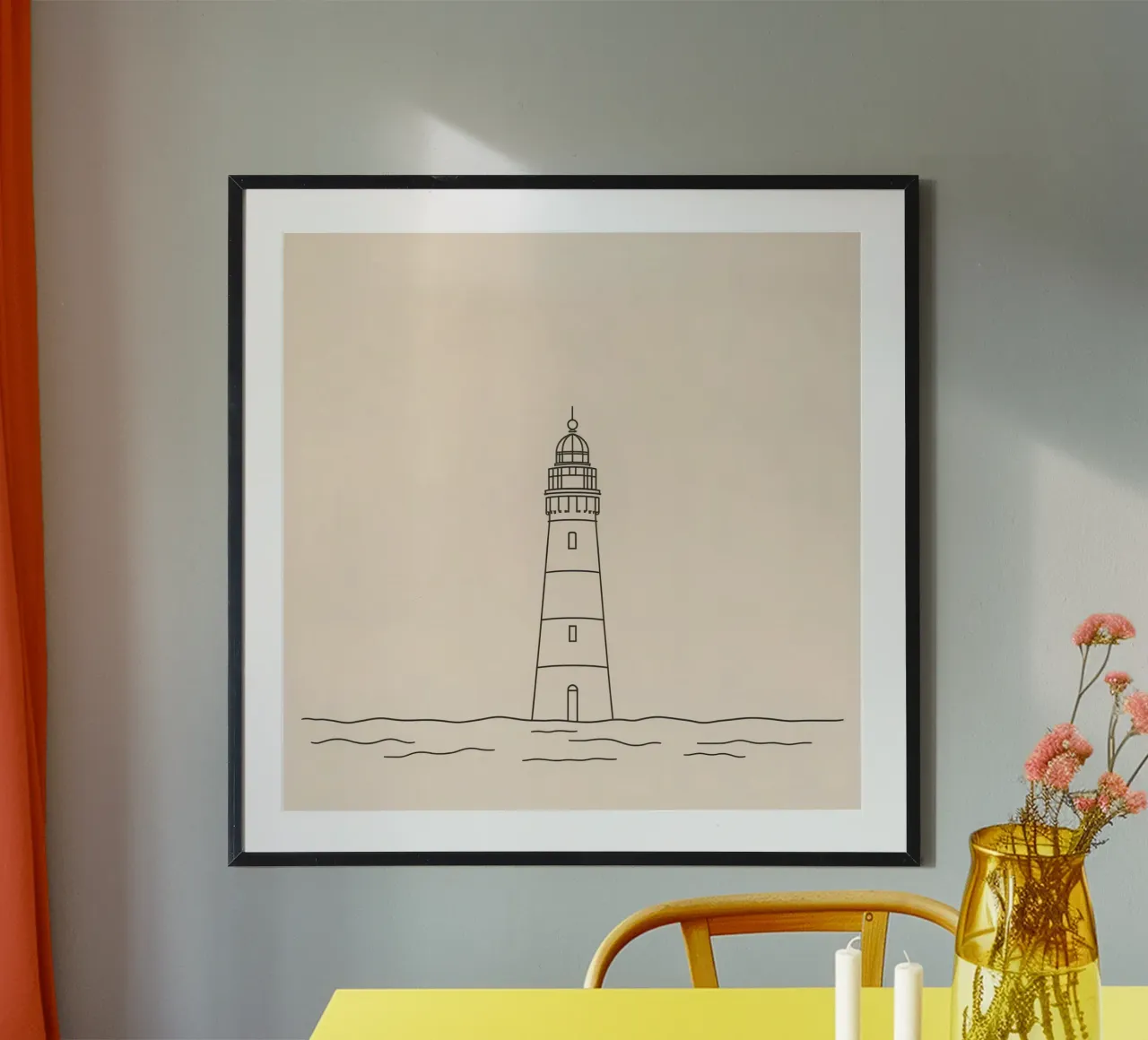 Lighthouse standing tall above gentle waves with a clear sky hahnemühle by DesignDoodle