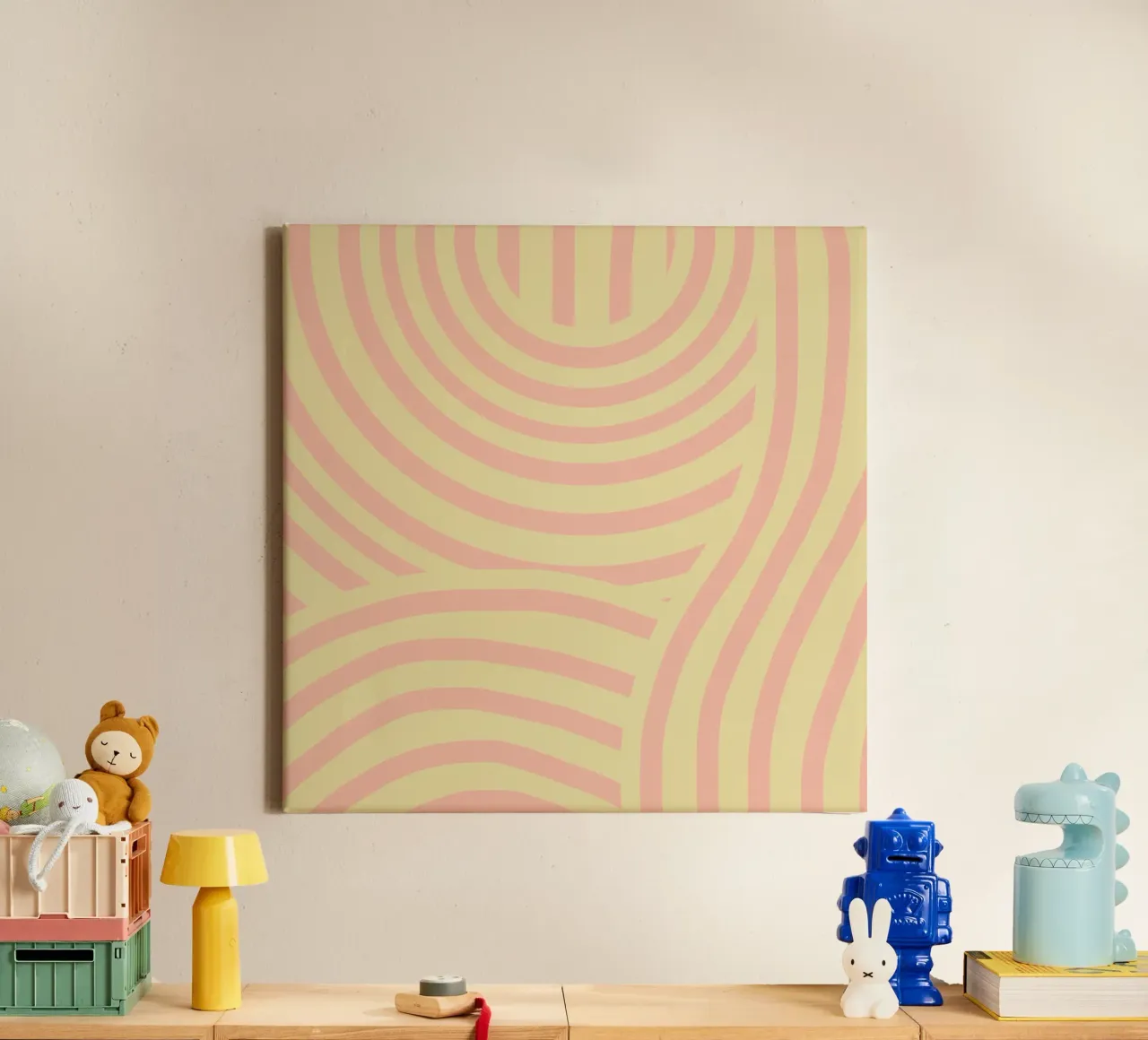 Yellow and pink abstract stripe canvas by Little Dean