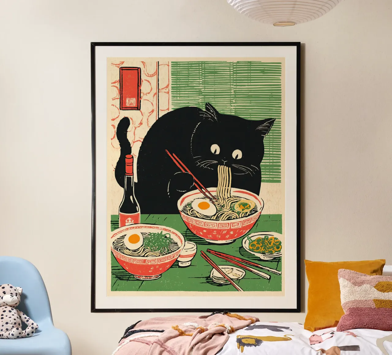 Black Cat & Ramen | Ispirazione Giappone | Cucina e gastronomia poster con telaio in plastica da Kaji