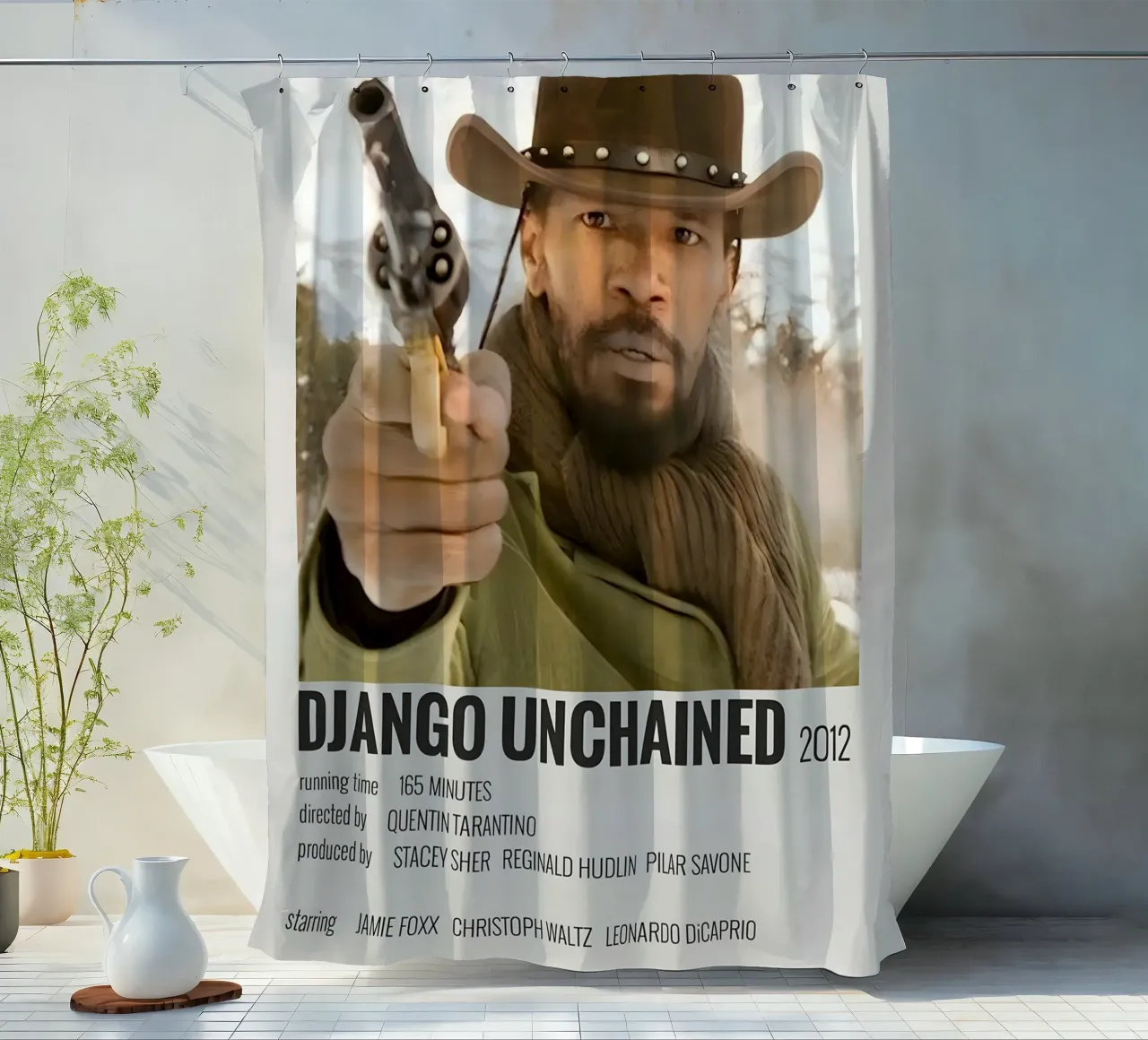 DJANGO UNCHAINED 2012 shower curtain by MVFminimalist