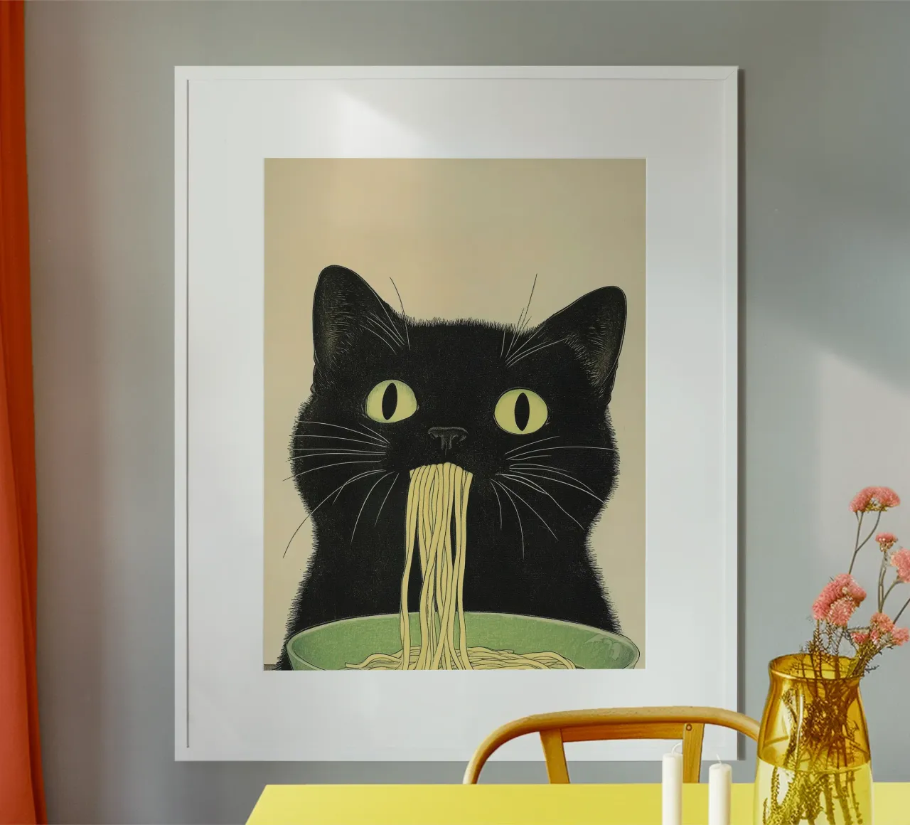 Gatto Nero Ruba Ramen Ispirazione Giappone Foodie e Cucina poster con telaio in plastica da Kaji