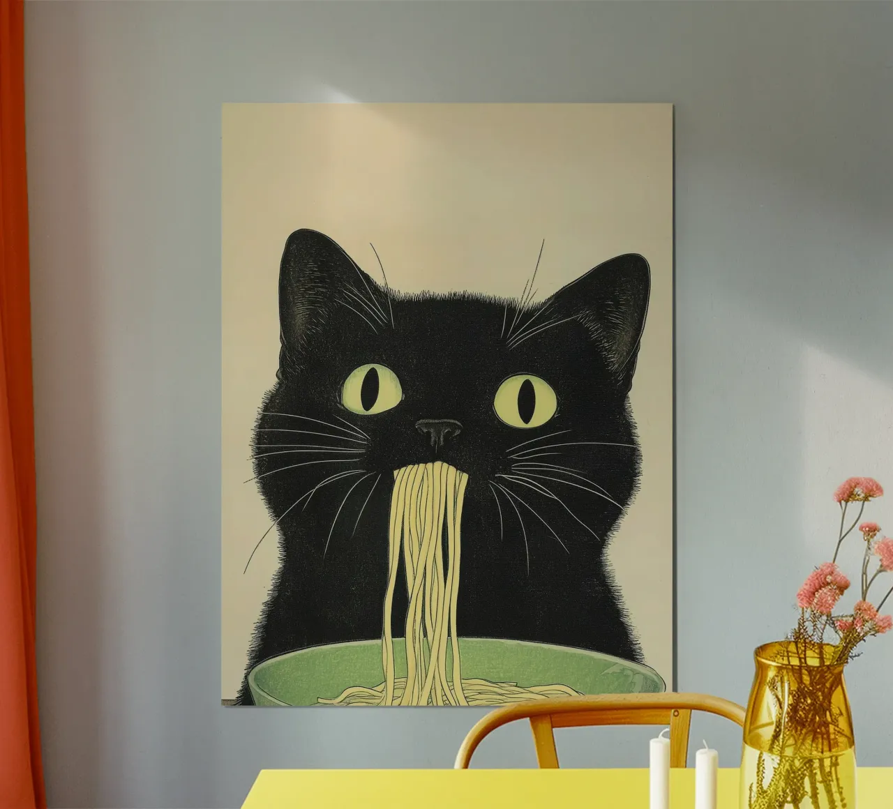 Gatto Nero Ruba Ramen Ispirazione Giappone Foodie e Cucina poster con telaio in plastica da Kaji