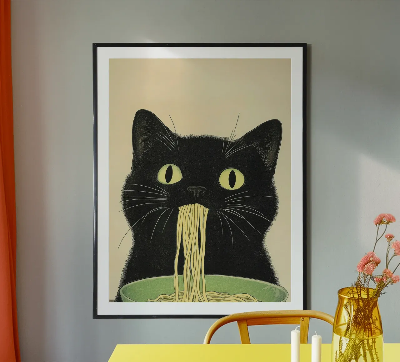 Gatto Nero Ruba Ramen Ispirazione Giappone Foodie e Cucina poster con telaio in plastica da Kaji