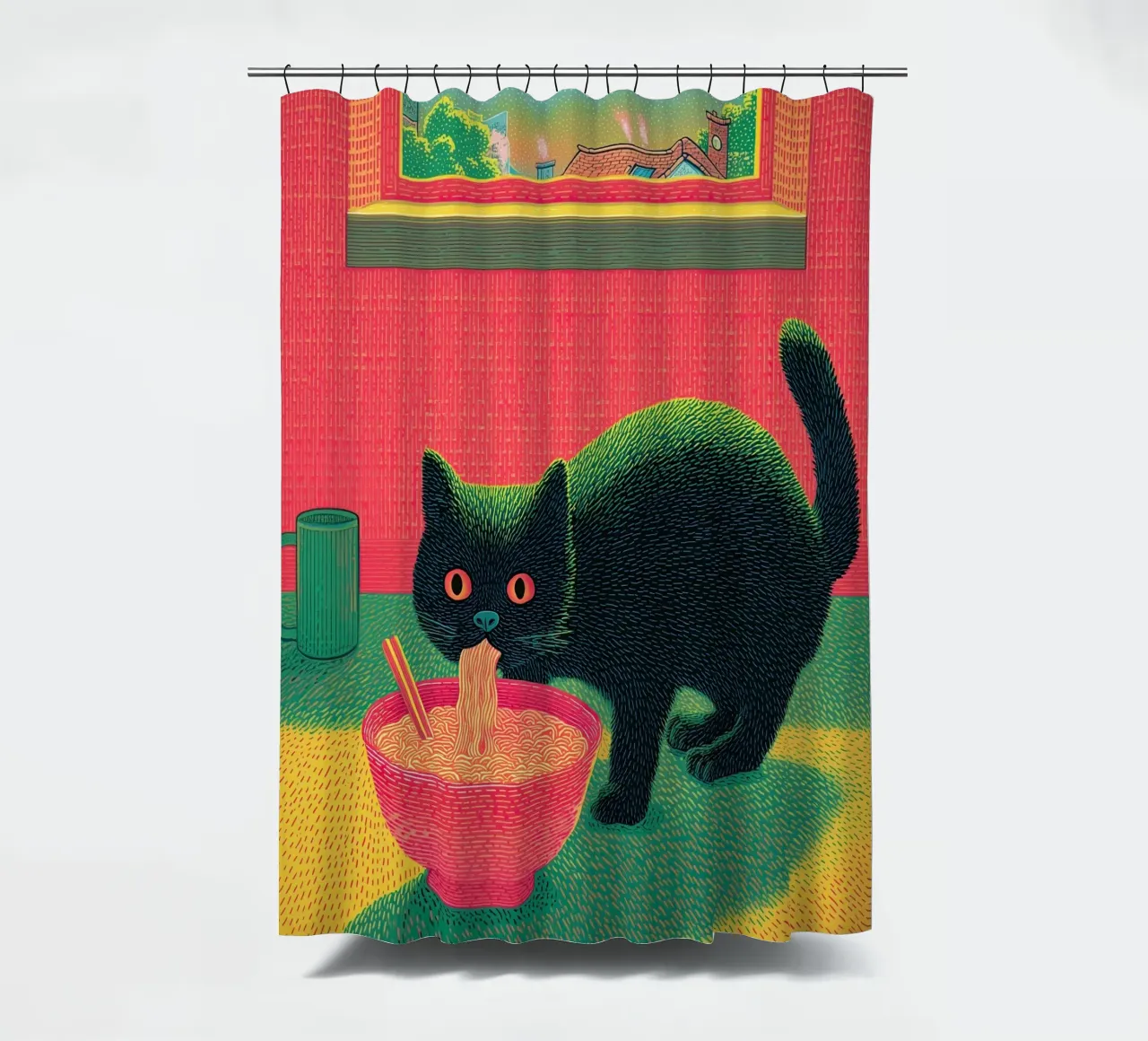 Black Cat & Ramen | Inspiration Japan | Foodie and Kitchen shower curtain by Kaji