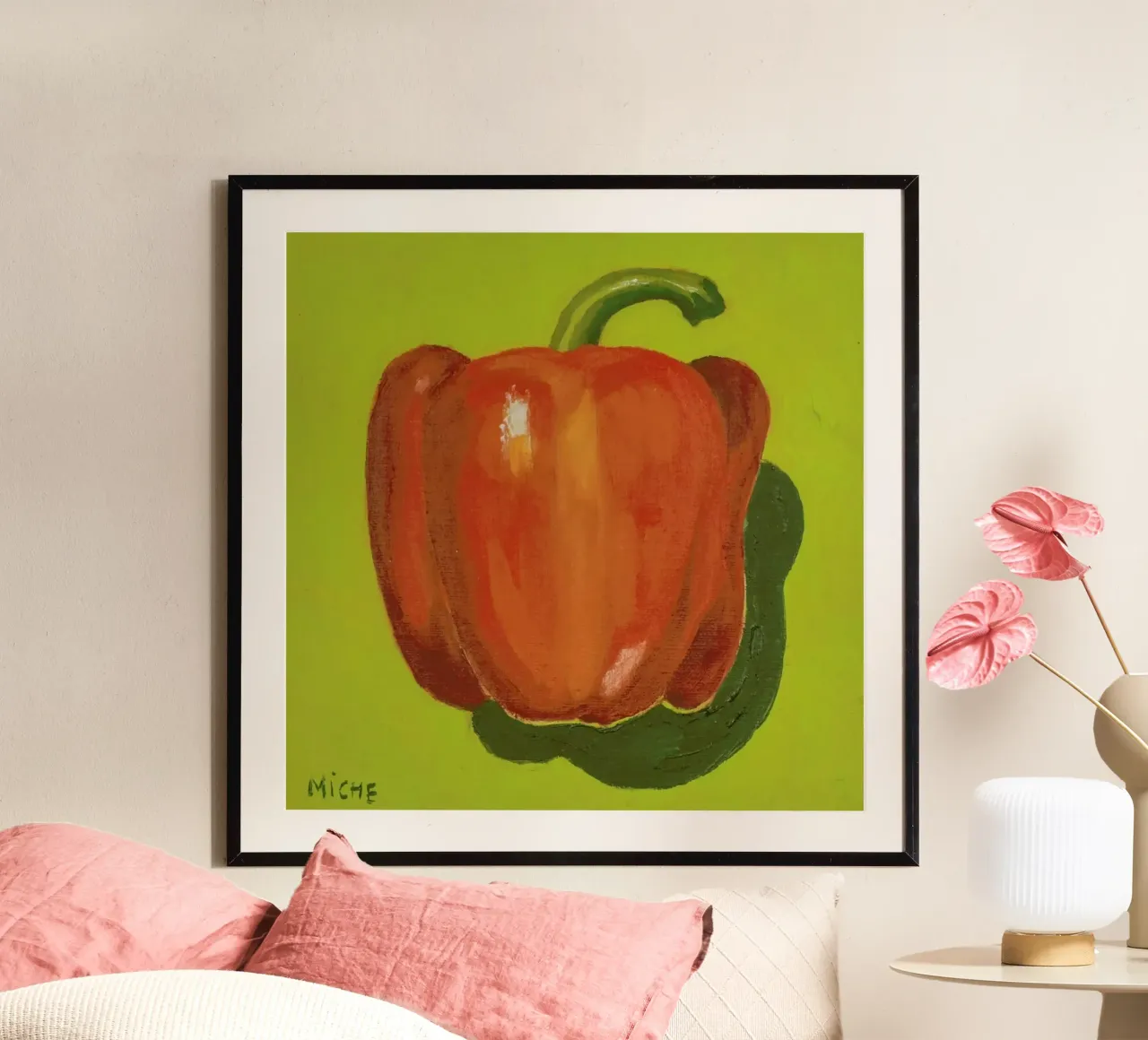 Red Pepper poster con telaio in legno da Miche Watkins