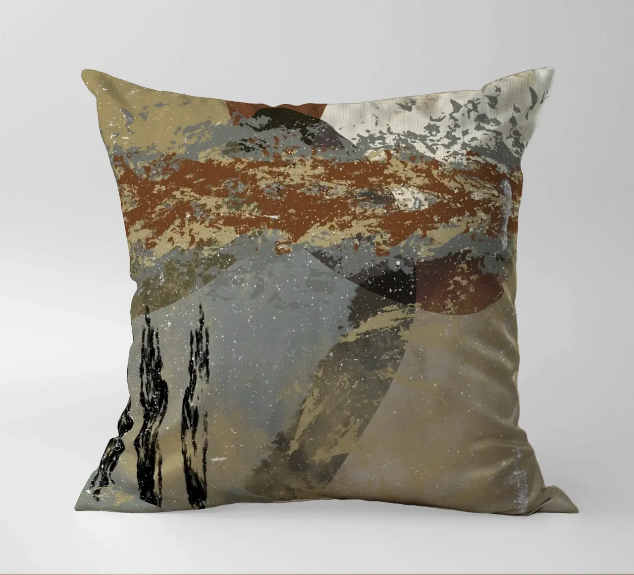 Modern abstract artwork in beige, rust, gray and brown Kissen von Imaginative
