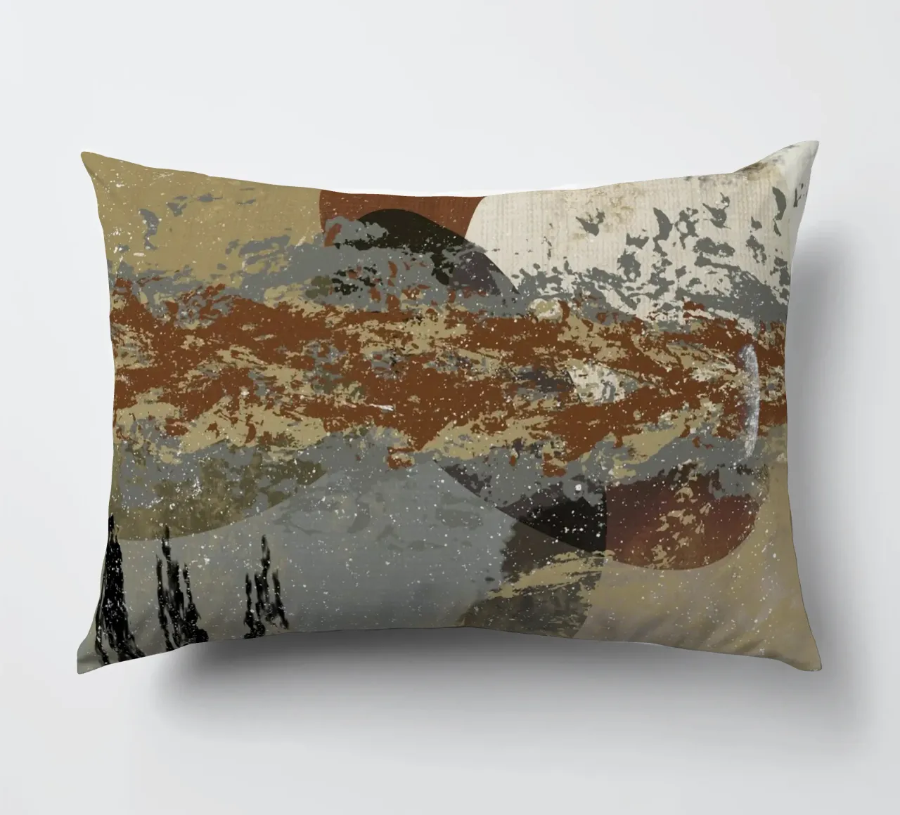 Modern abstract artwork in beige, rust, gray and brown Kissen von Imaginative