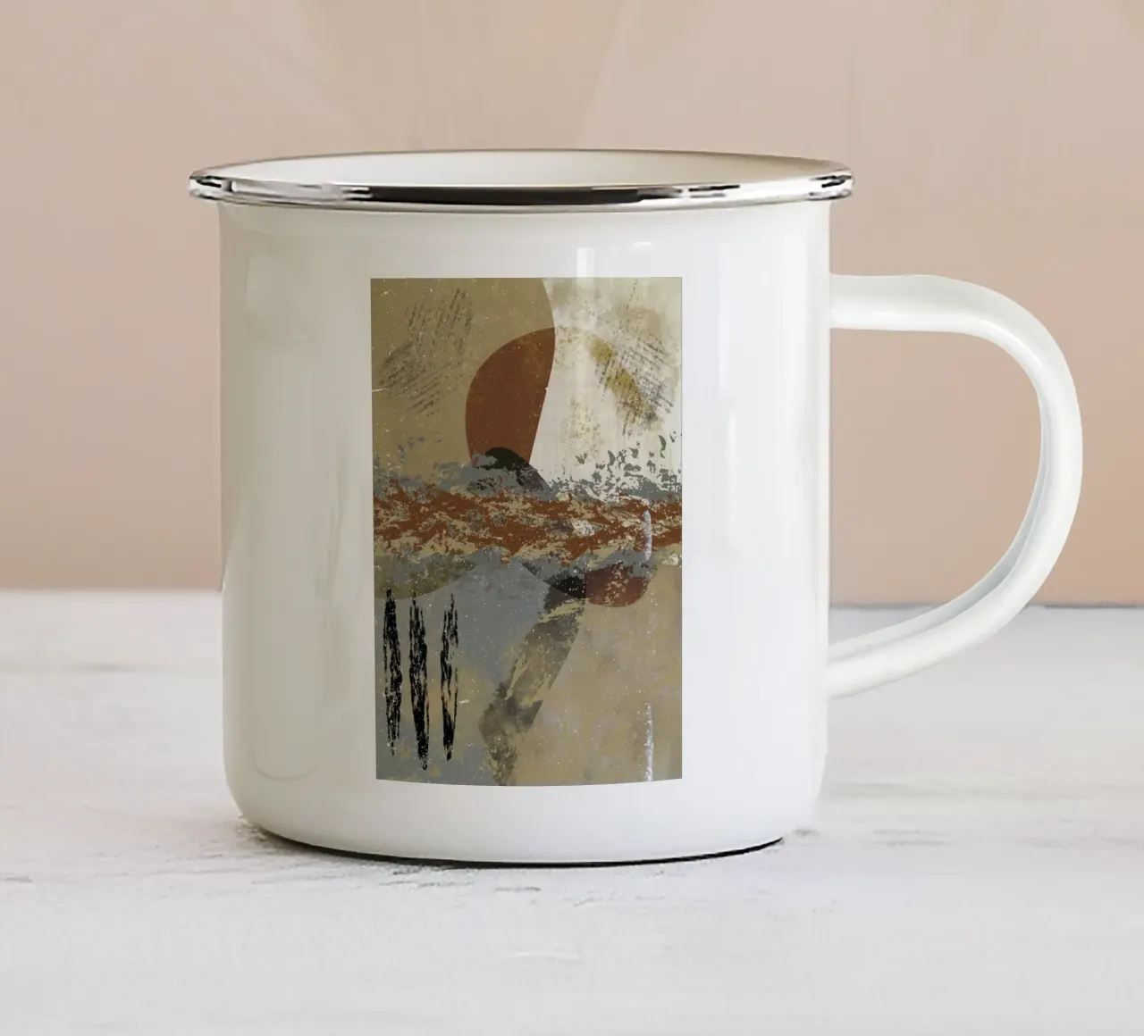 Modern abstract artwork in beige, rust, gray and brown emaille mok van Imaginative