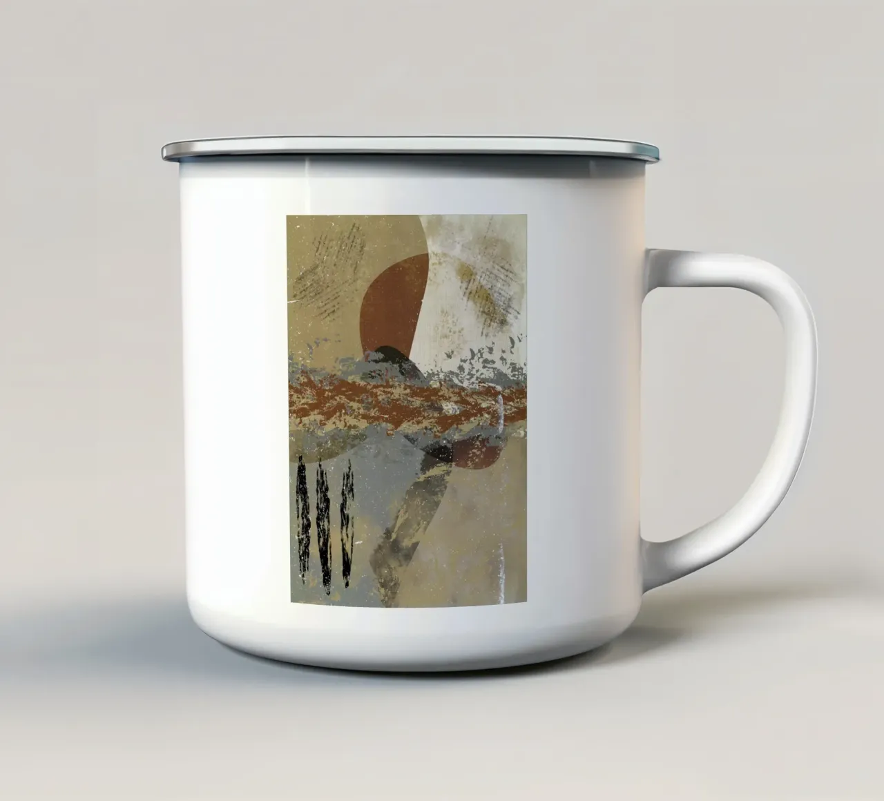 Modern abstract artwork in beige, rust, gray and brown emaille mok van Imaginative