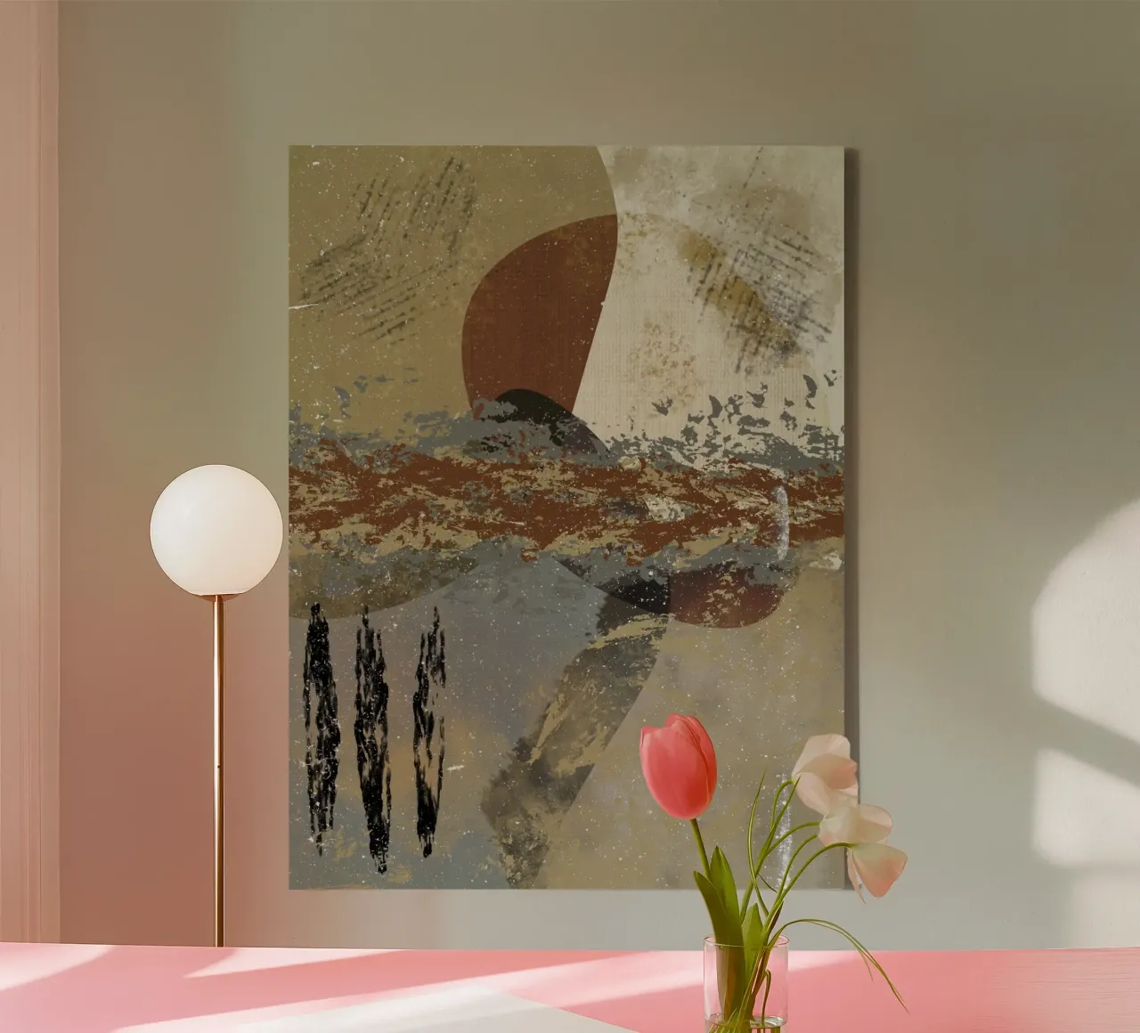 Modern abstract artwork in beige, rust, gray and brown canvas by Imaginative