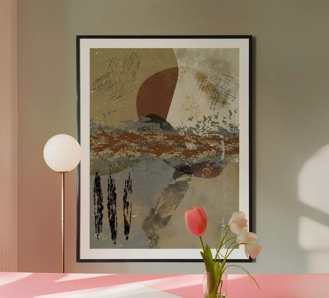 Modern abstract artwork in beige, rust, gray and brown hahnemühle by Imaginative