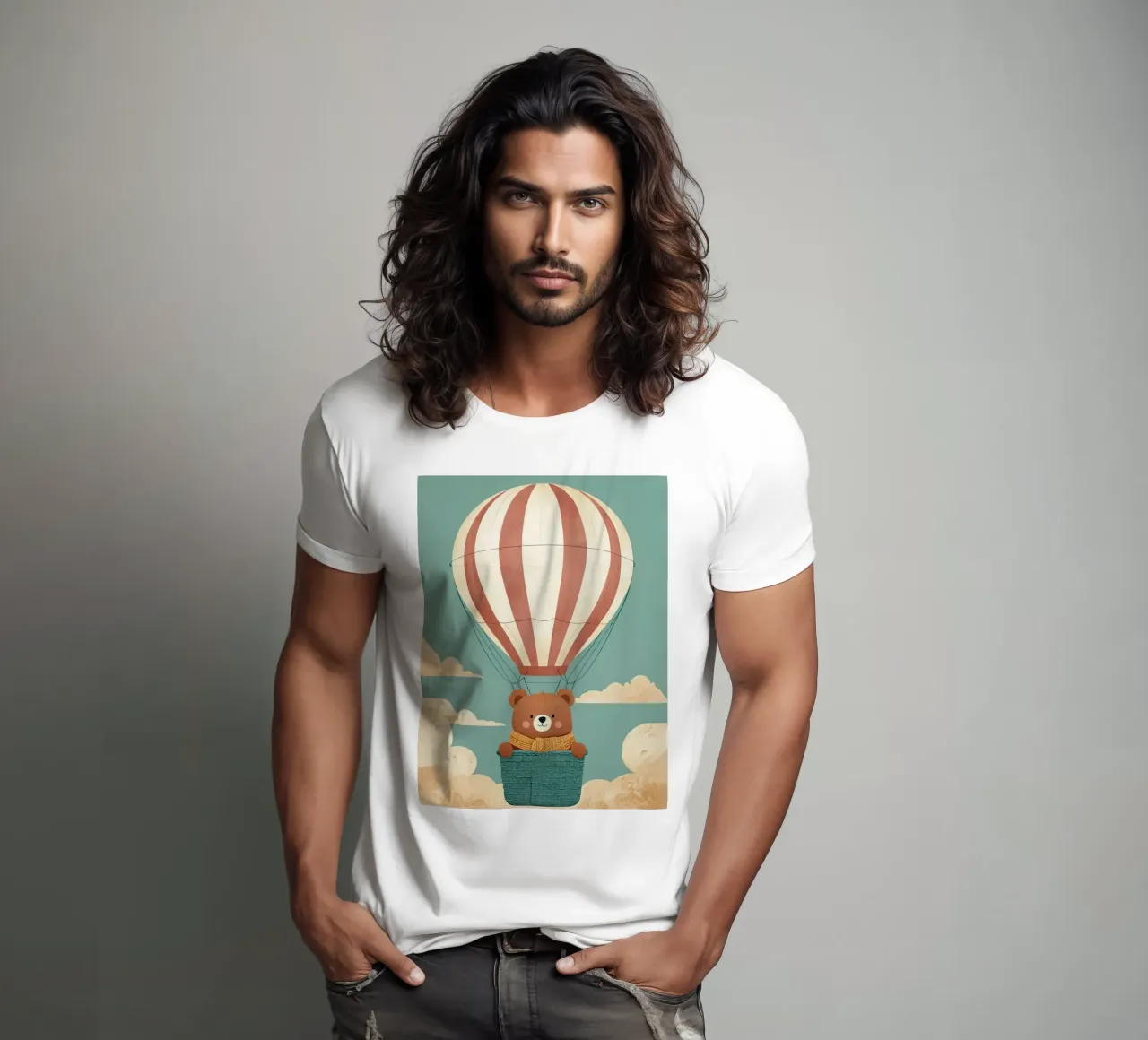 Illustrazione di un orso in mongolfiera t-shirt da BABY ART PRINTS