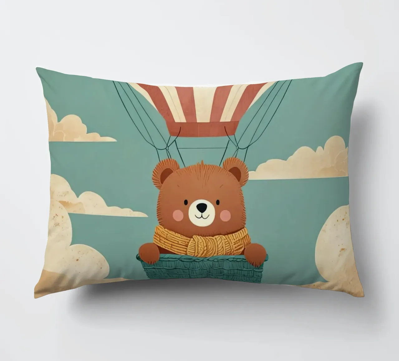 Illustrazione di un orso in mongolfiera cuscino da BABY ART PRINTS