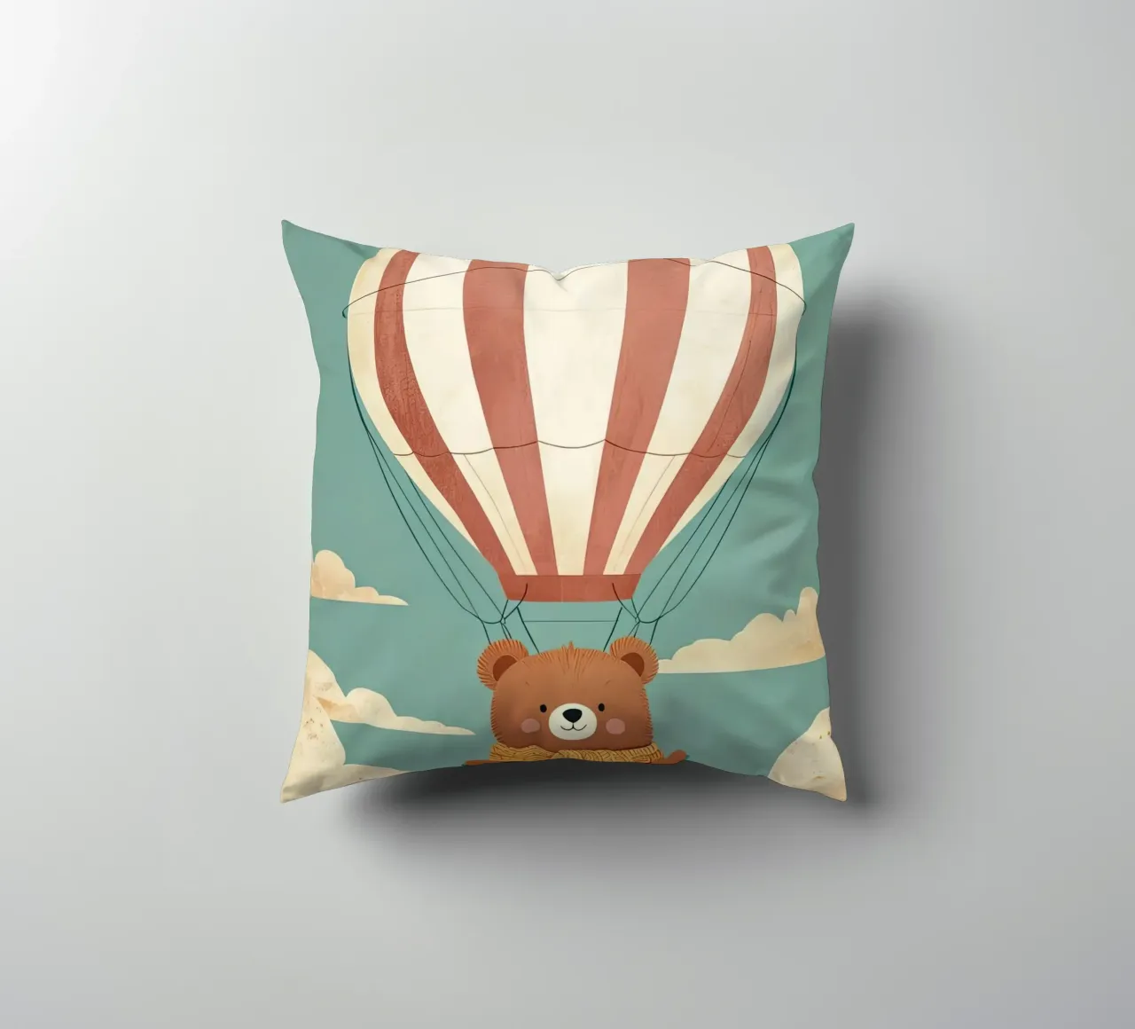 Illustrazione di un orso in mongolfiera cuscino da BABY ART PRINTS
