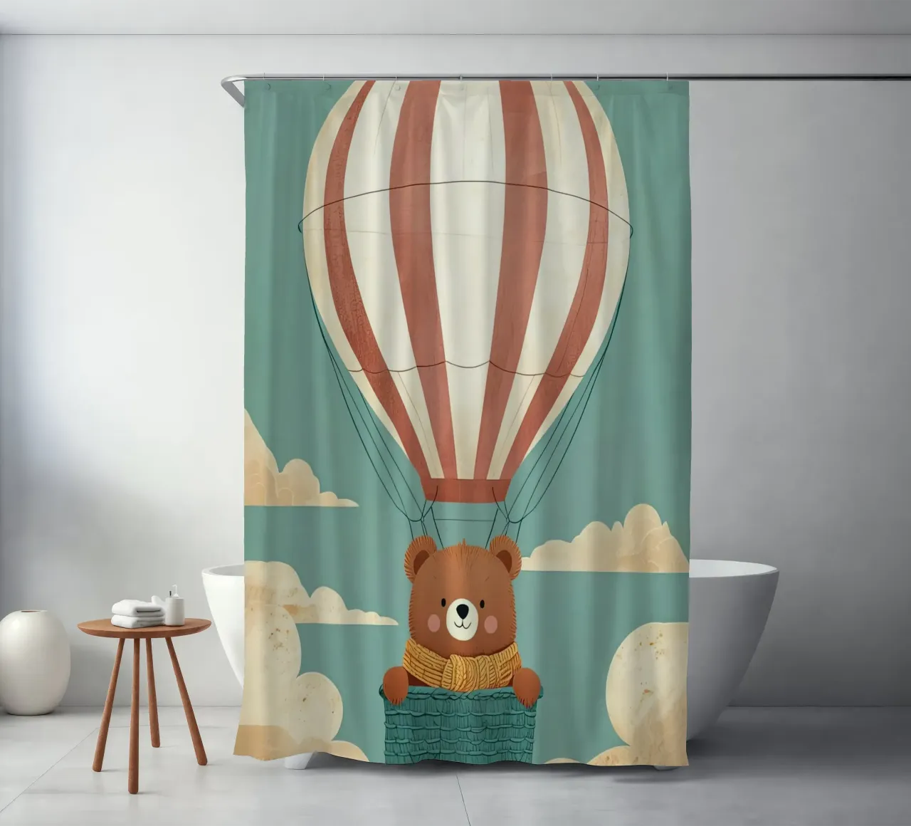 Illustrazione di un orso in mongolfiera tenda da doccia da 🐹 BABY ART PRINTS