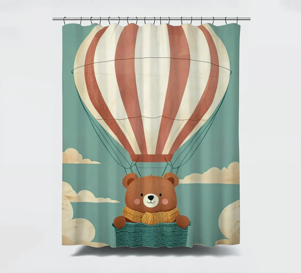 Illustrazione di un orso in mongolfiera tenda da doccia da 🐹 BABY ART PRINTS