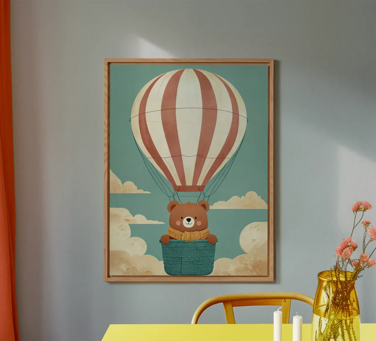 Illustrazione di un orso in mongolfiera alluminio dibond da BABY ART PRINTS
