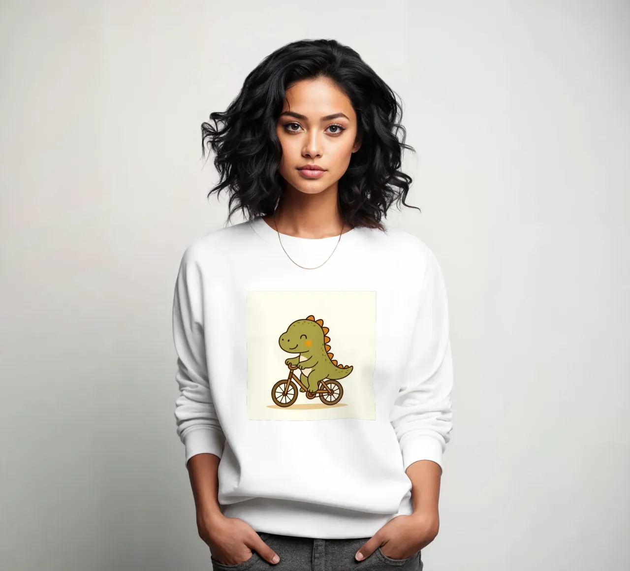 Dino rides a bike - cute cartoon motif sweatshirt by namosh