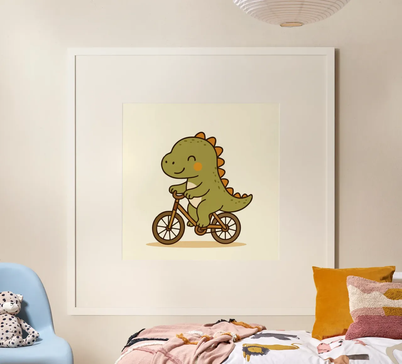 Dino va in bicicletta - simpatico motivo da cartone animato poster con telaio in plastica da namosh
