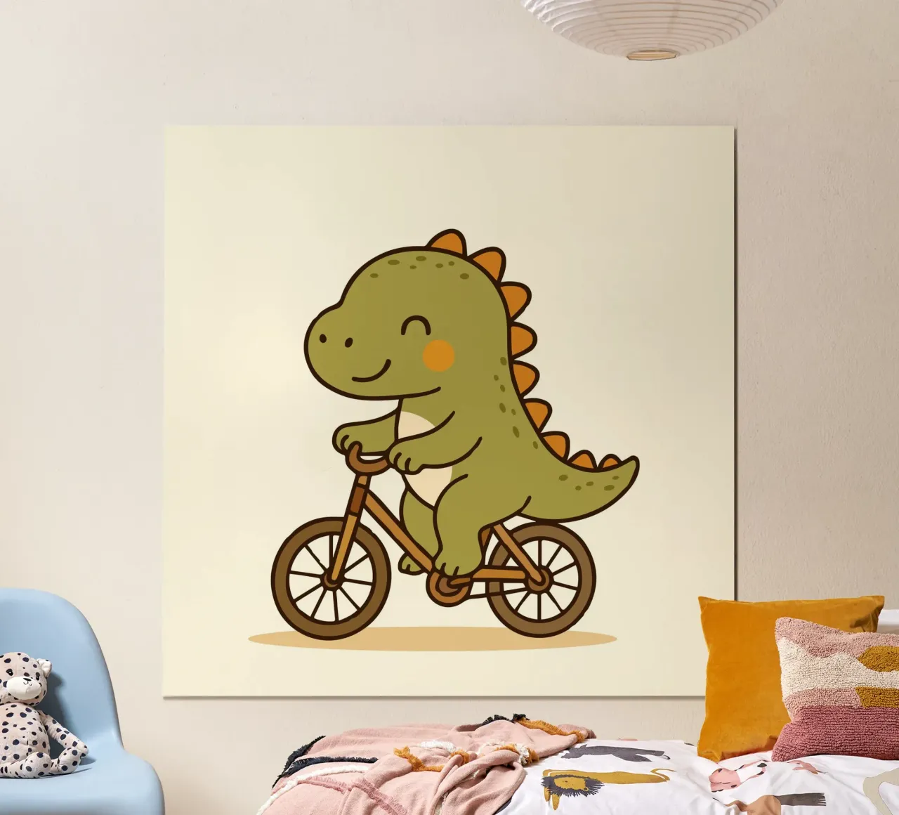 Dino va in bicicletta - simpatico motivo da cartone animato poster con telaio in plastica da namosh
