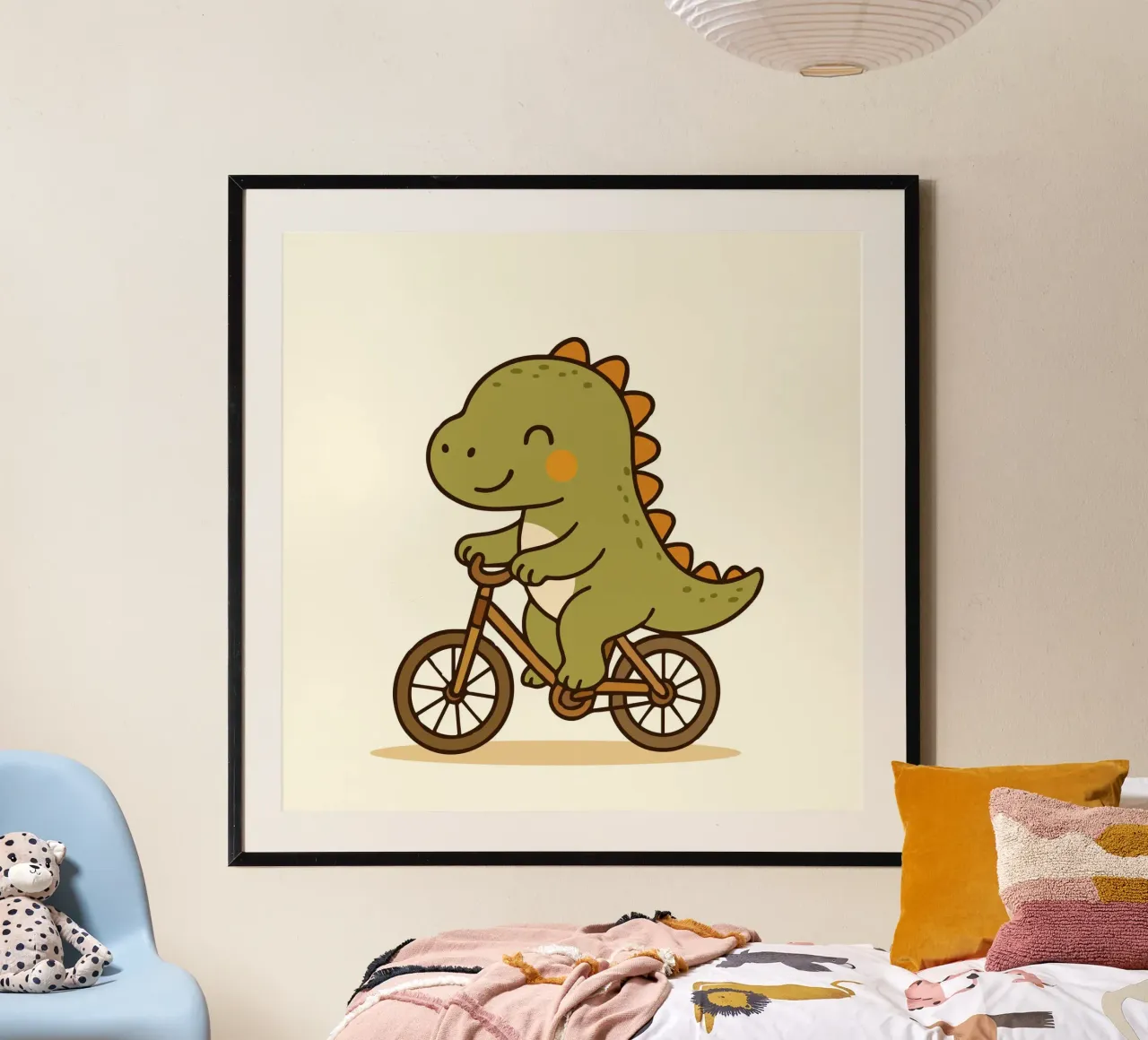 Dino va in bicicletta - simpatico motivo da cartone animato poster con telaio in plastica da namosh