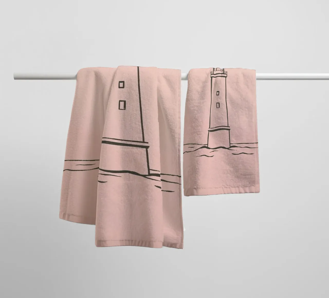 Lighthouse standing tall in calm waters at dusk towel by DesignDoodle