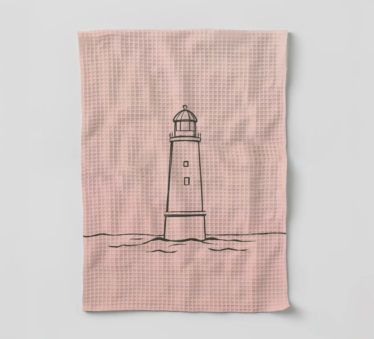 Lighthouse standing tall in calm waters at dusk tea towel by DesignDoodle
