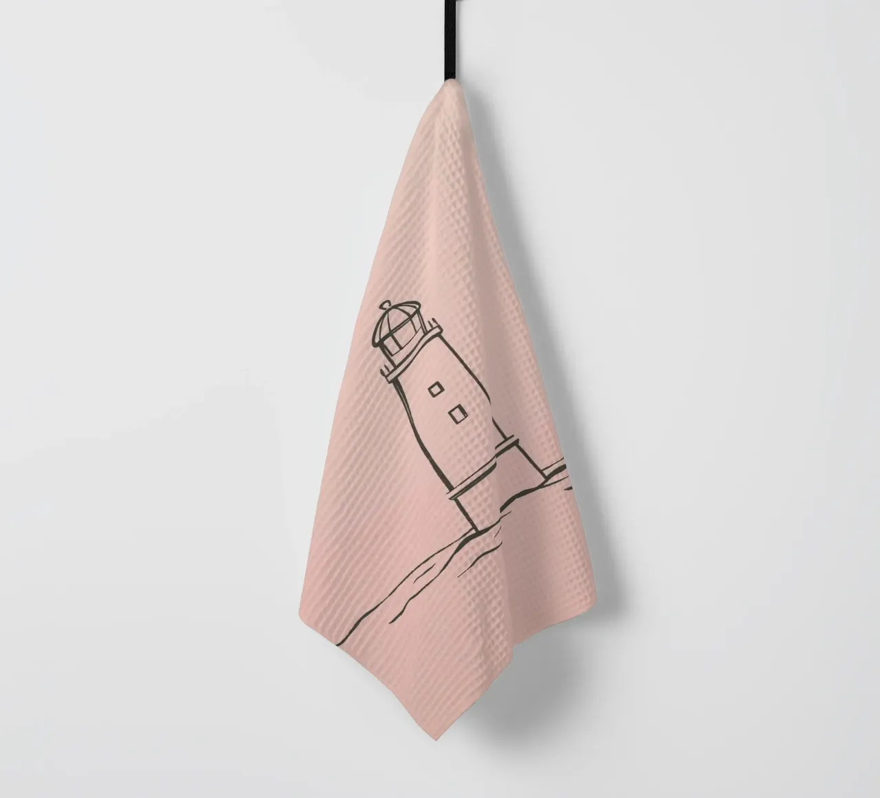 Lighthouse standing tall in calm waters at dusk tea towel by DesignDoodle