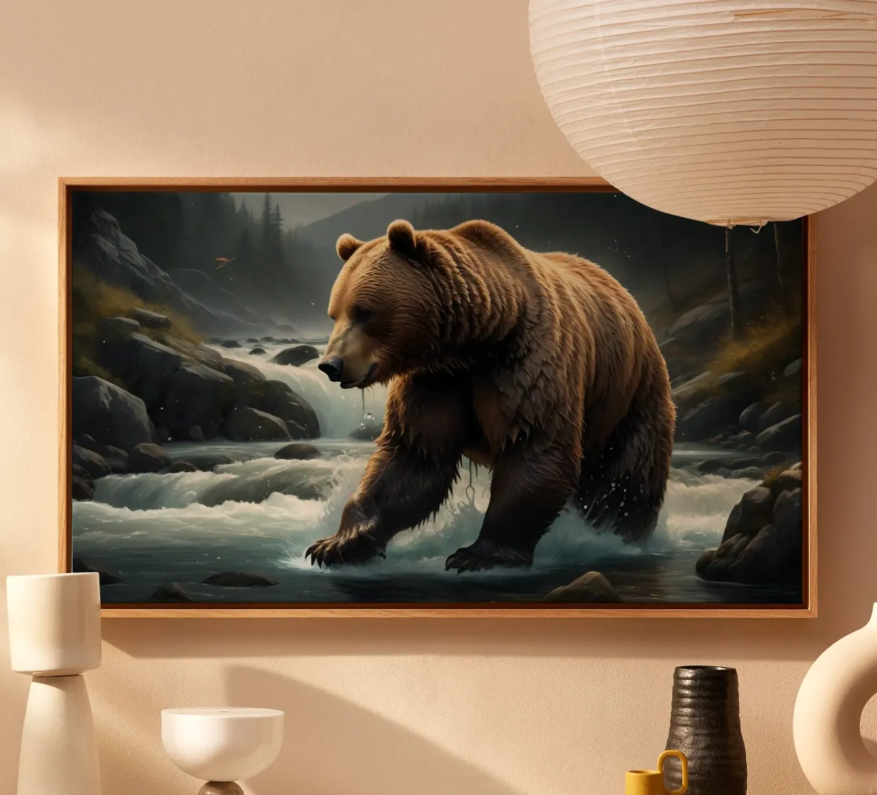 Orso bruno in un fiume di montagna tela con Cornice a cassetta da Wild Beauty