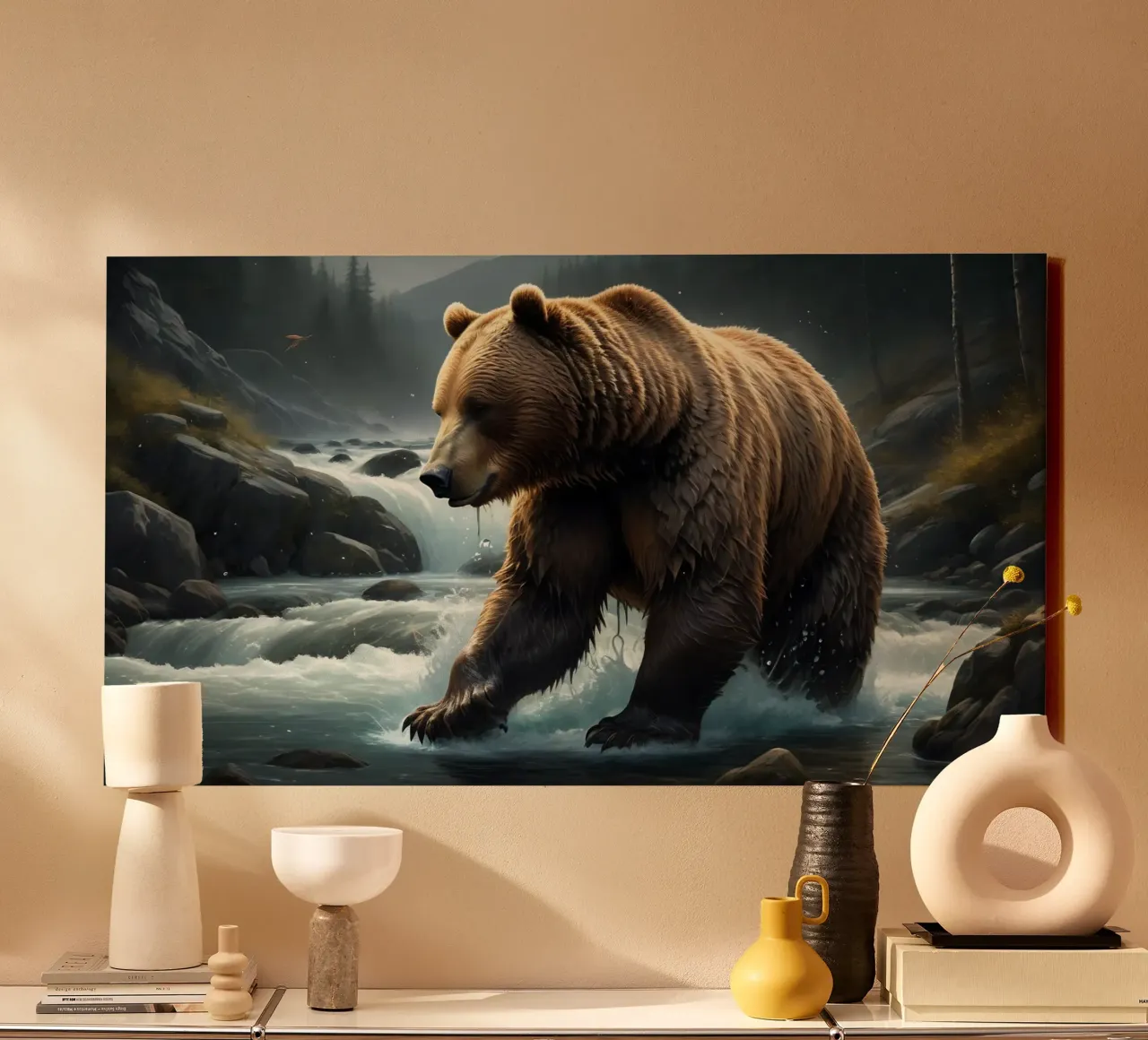 Orso bruno in un fiume di montagna tela con Cornice a cassetta da Wild Beauty