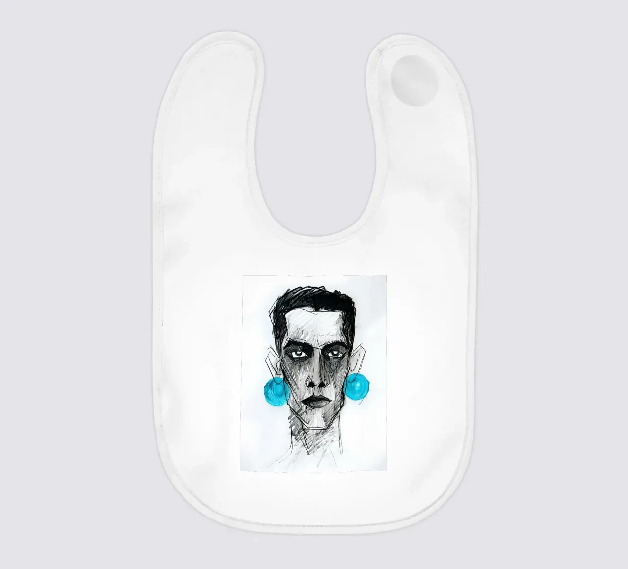 Kohle-Porträt mit Türkis-Ohrringen Babylätzchen von 🎁 ARTVI-SHOP