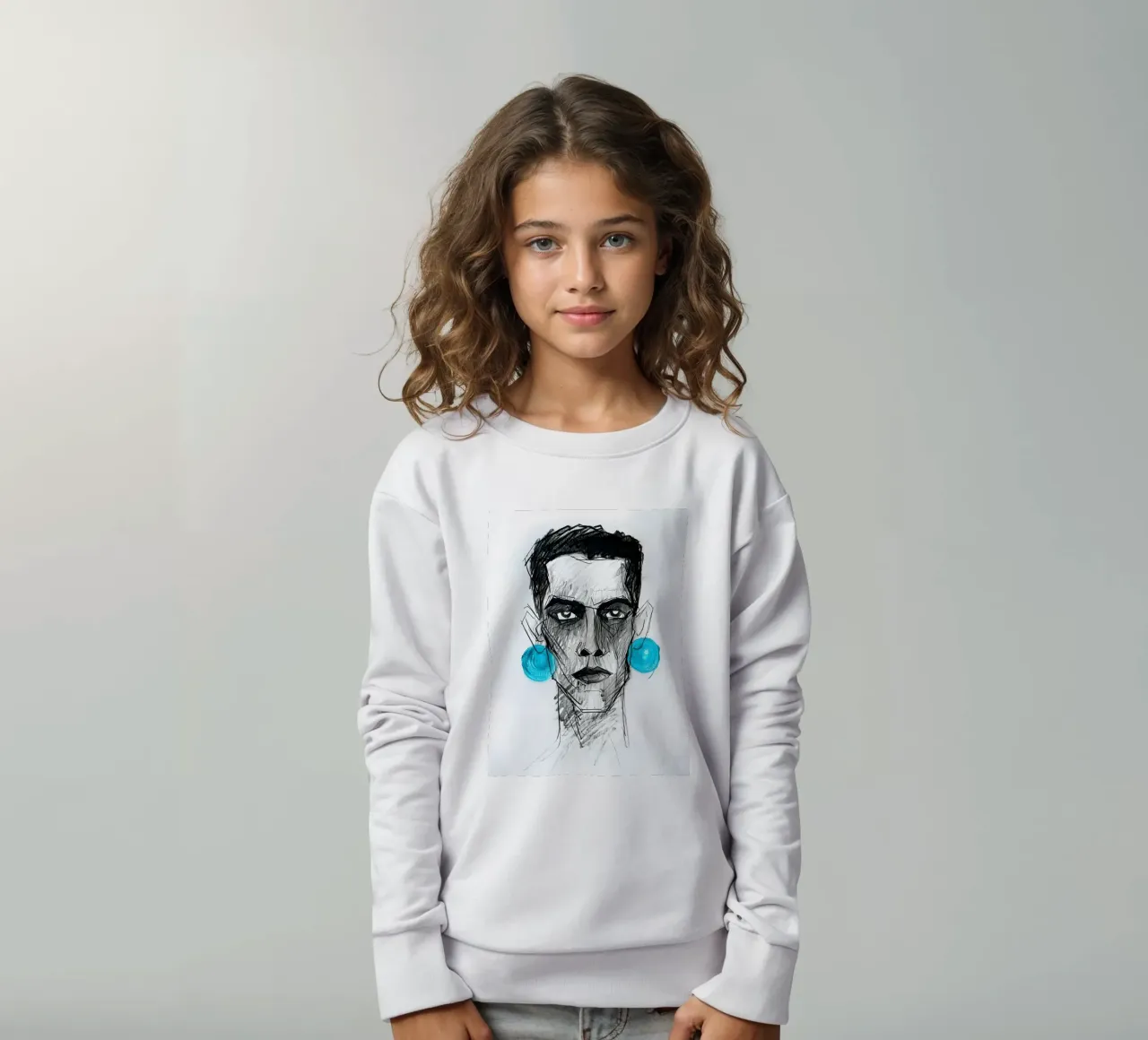 Ritratto in carboncino con orecchini in turchese felpa bambino da 🎁 ARTVI-SHOP