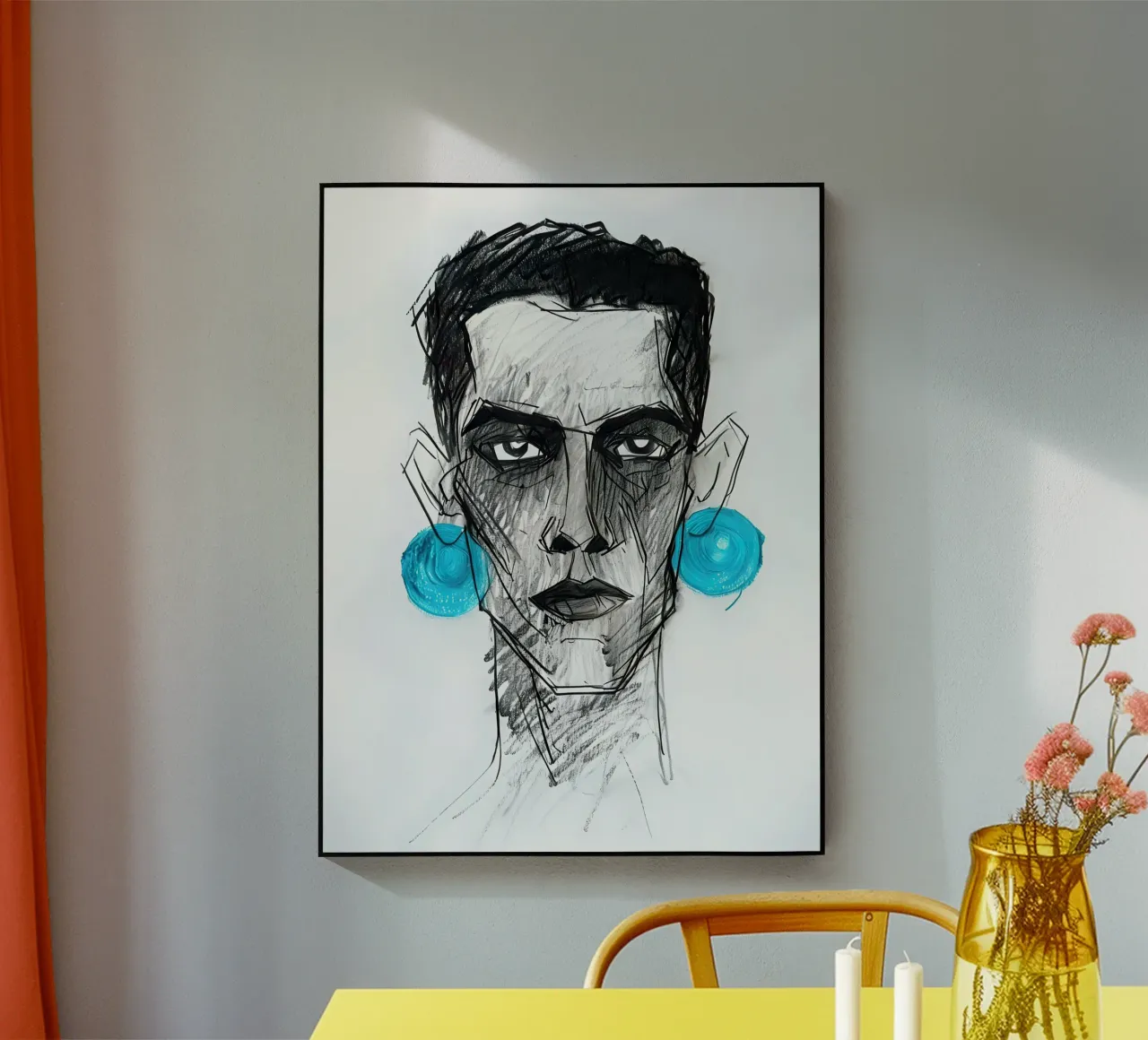 Ritratto in carboncino con orecchini in turchese plexiglass da 🎁 ARTVI-SHOP