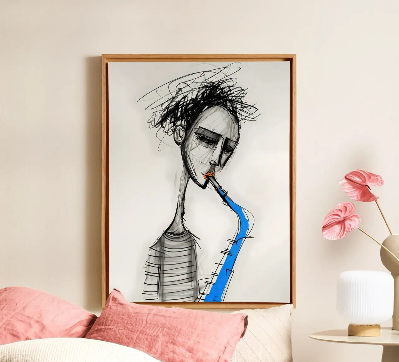 Saxofoon speler schets canvas met Baklijst van 🎁 ARTVI-SHOP
