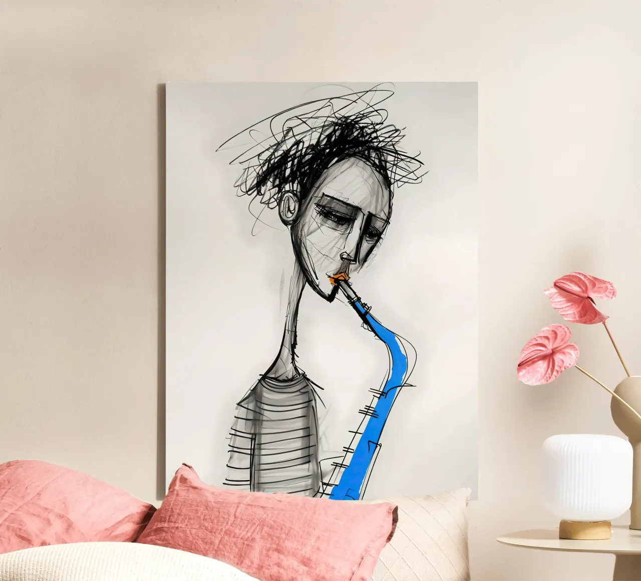 Saxofoon speler schets canvas met Baklijst van 🎁 ARTVI-SHOP