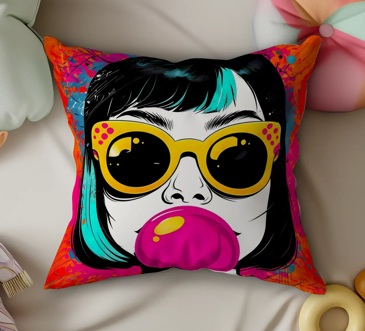 Ragazza pop art con gomma da masticare cuscino da 🎁 ARTVI-SHOP