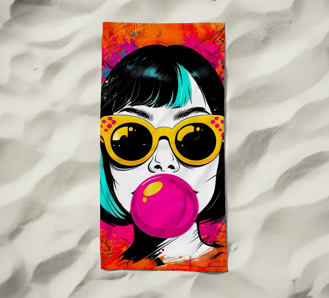 Ragazza pop art con gomma da masticare telo mare da 🎁 ARTVI-SHOP
