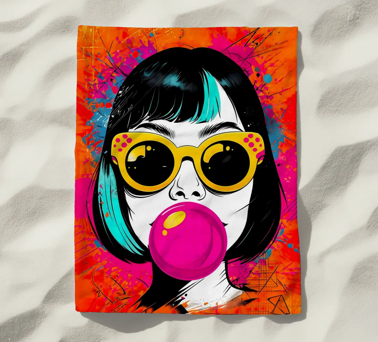 Ragazza pop art con gomma da masticare telo mare da 🎁 ARTVI-SHOP