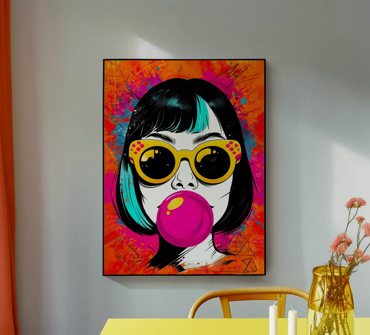Ragazza pop art con gomma da masticare plexiglass da 🎁 ARTVI-SHOP