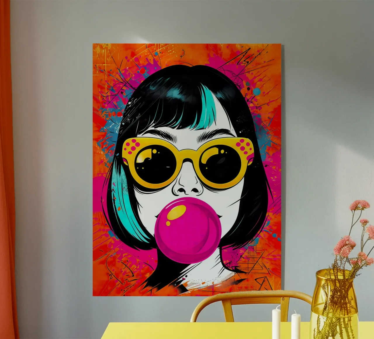 Ragazza pop art con gomma da masticare plexiglass da 🎁 ARTVI-SHOP