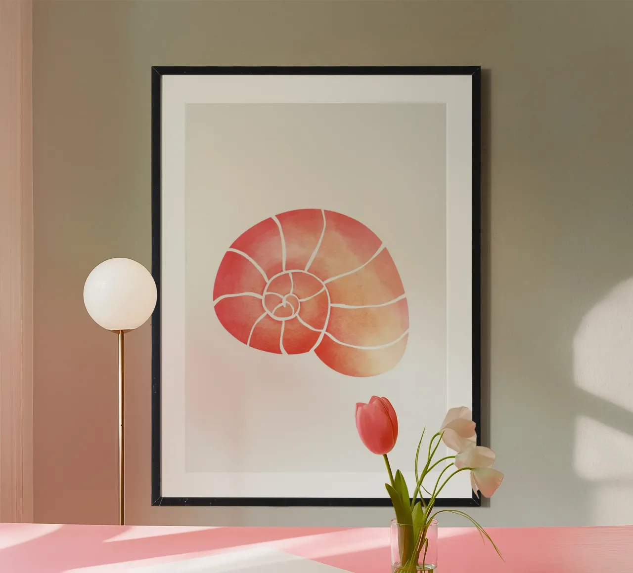 Pink Seashell Watercolor Print - Coastal Chic, Beach House D poster with wooden frame by ClubArt