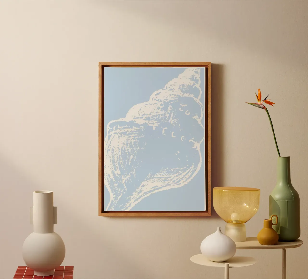 Abstract Whelk Shell Print - Pastel Blue, Modern Coastal Dec canvas with Floater frame by ClubArt