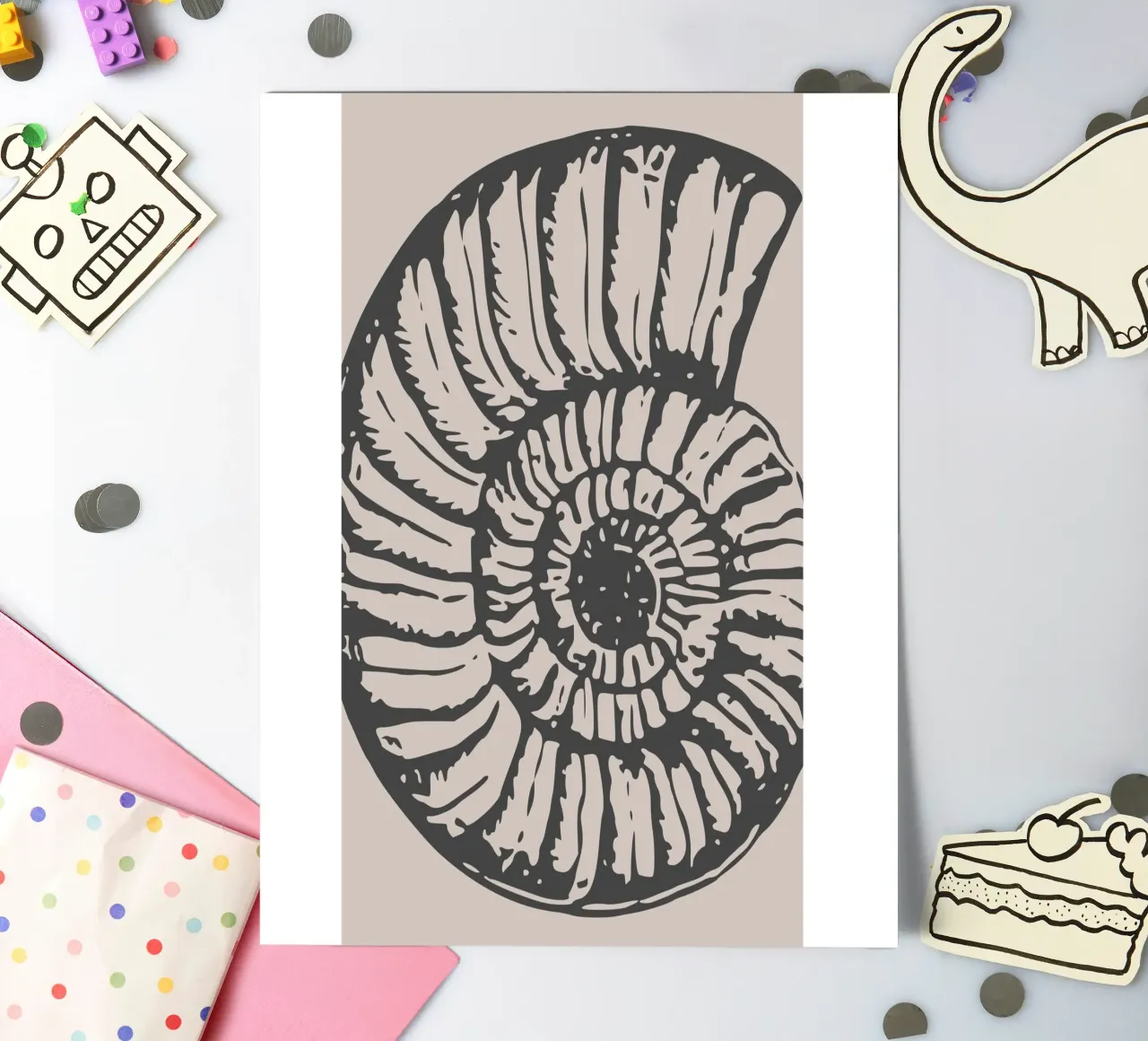 Ammonit Fossil Druck - Erdige Töne, Moderne Paläontologie Ar Stickerbogen von ClubArt