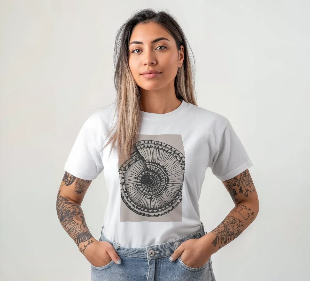 Stampa dettagliata di un fossile di ammonite - Toni terrosi, Ar... t-shirt da ClubArt